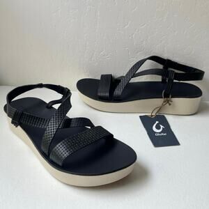 Olukai Onohi Strappy Platform Leather Sandals Size 11 Black White Resortwear NEW